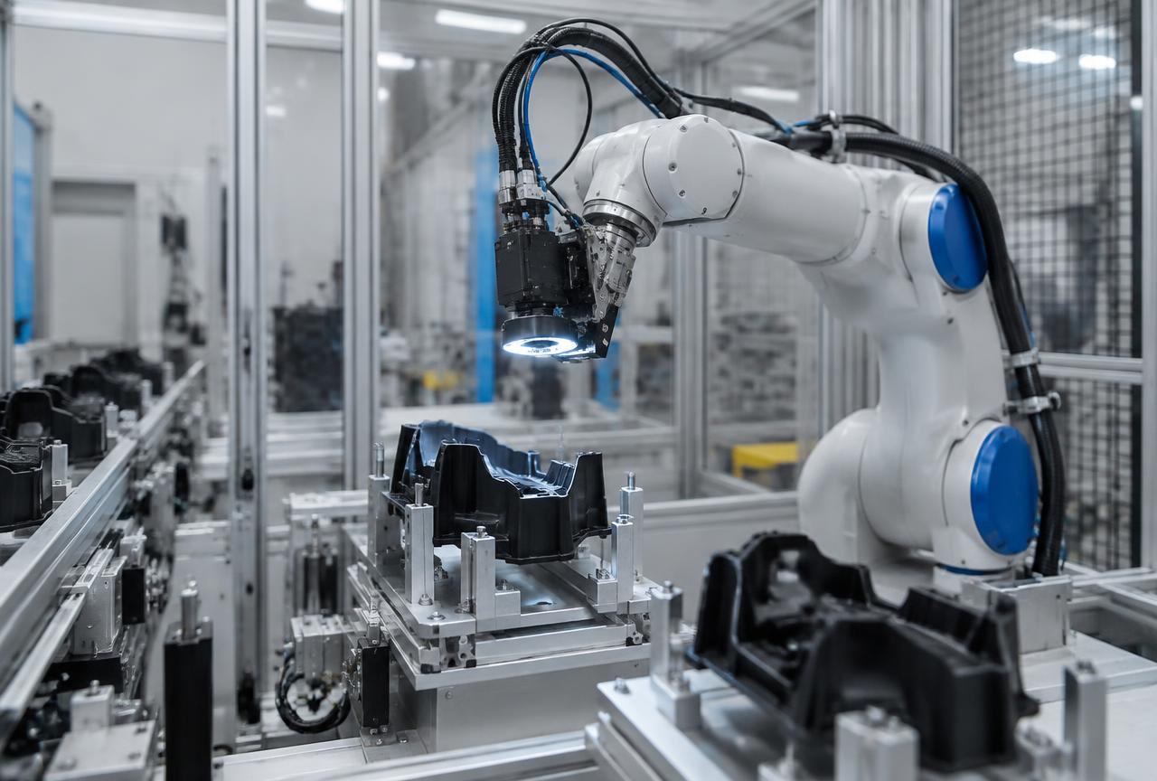 Bras robotisé et caméra de vision dans une cellule d'assemblage
