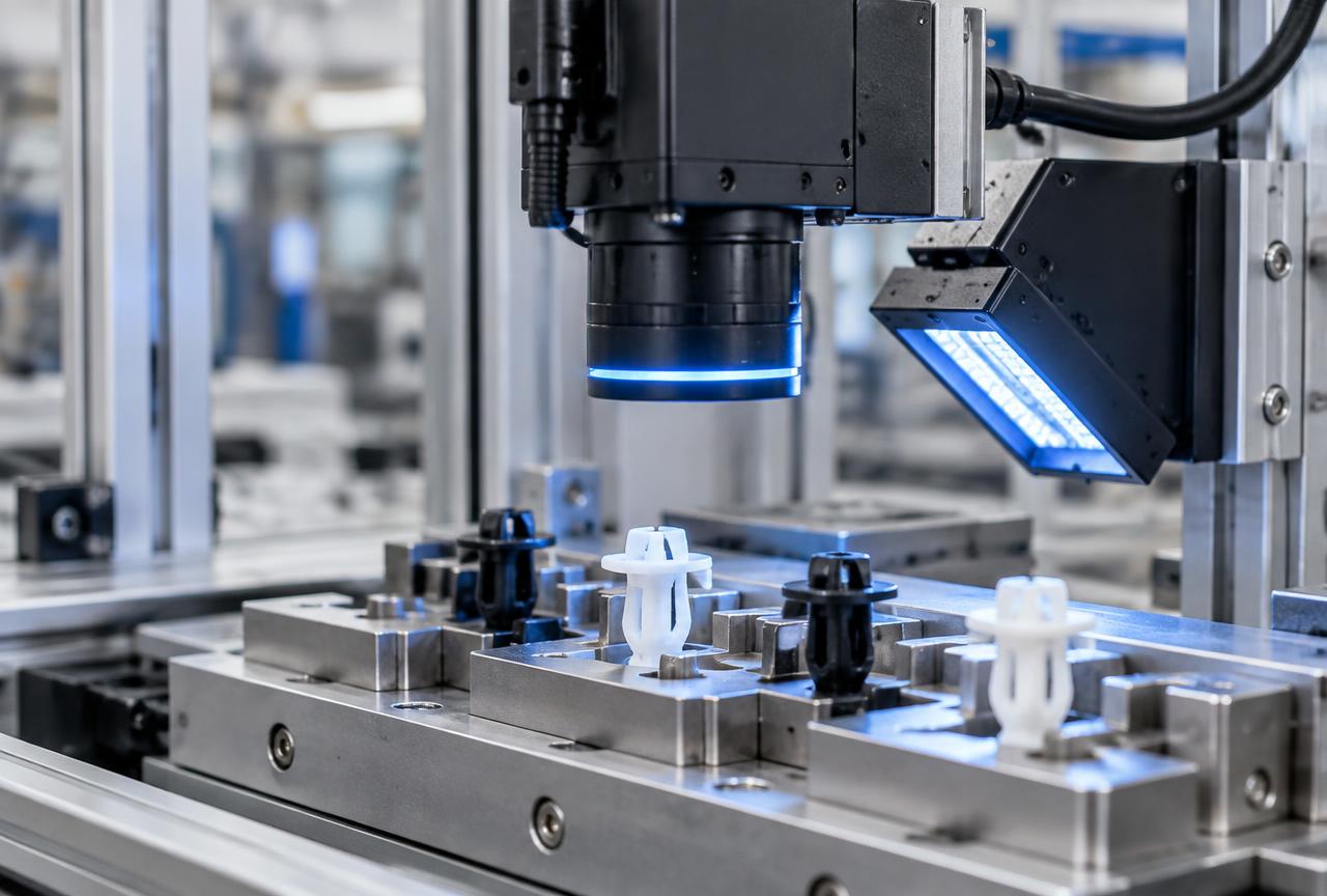 Caméra de vision industrielle inspectant des clips plastiques